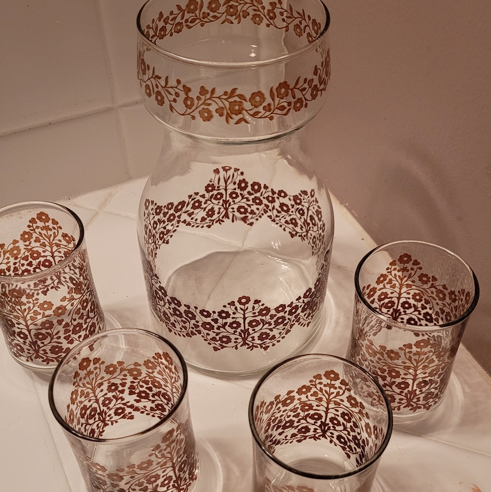 Vintage brown floral glass and pitcher
